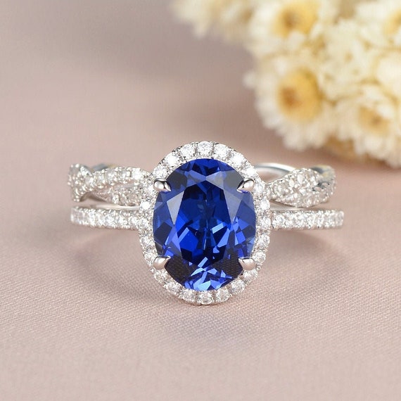 Sapphire Engagement Ring White Gold Oval Cut Bridal Set - Etsy