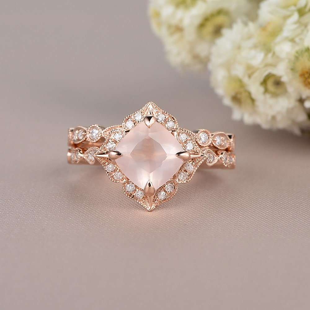 Rose Quartz Engagement Ring Rose Gold Bridal Set Pink Crystal Etsy