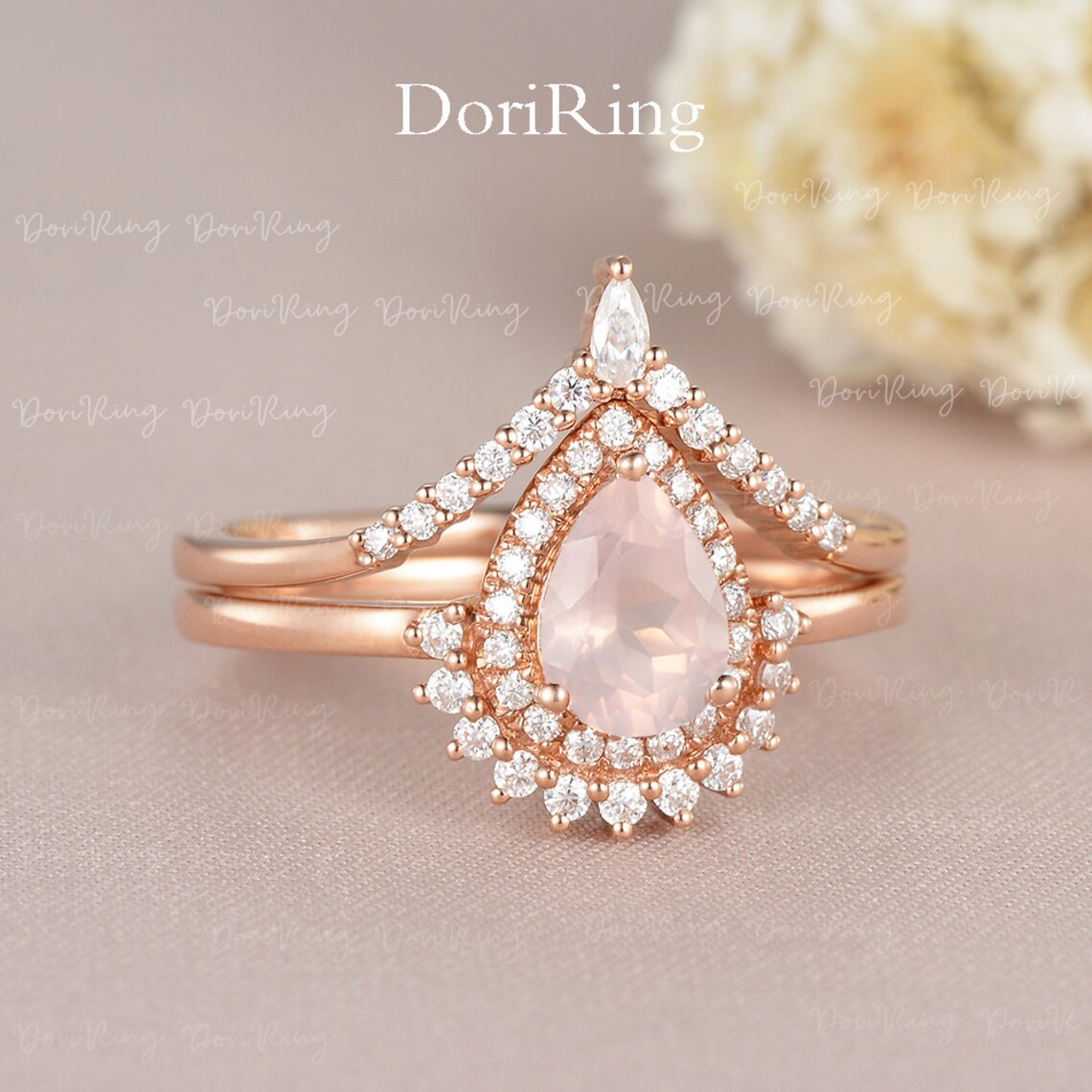 Rose Quartz Rose Gold Engagement Ring Set Pear Shaped Crystal Etsy