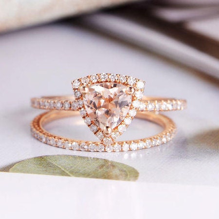 Rose Gold Bridal Set Triangle Shape Morganite Engagement Ring | Etsy