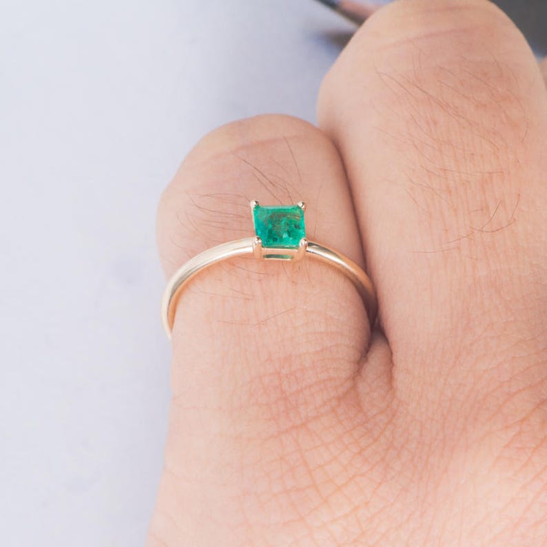 Dainty Engagement Ring Princess Cut Emerald Wedding Band Women Etsy