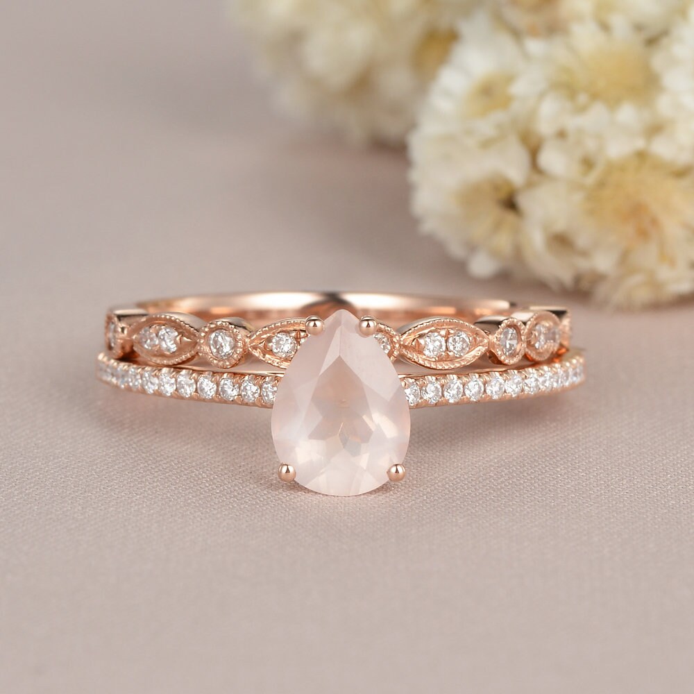 2pcs Rose Quartz Crystal Engagement Ring Pear Shaped Rose Gold Etsy