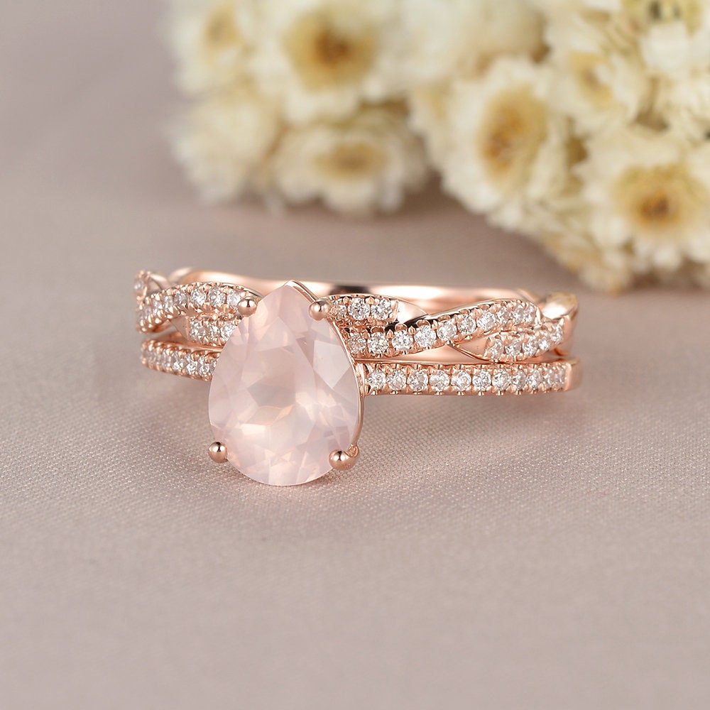 Pear Shaped Rose Quartz Crystal Engagement Ring Rose Gold | Etsy