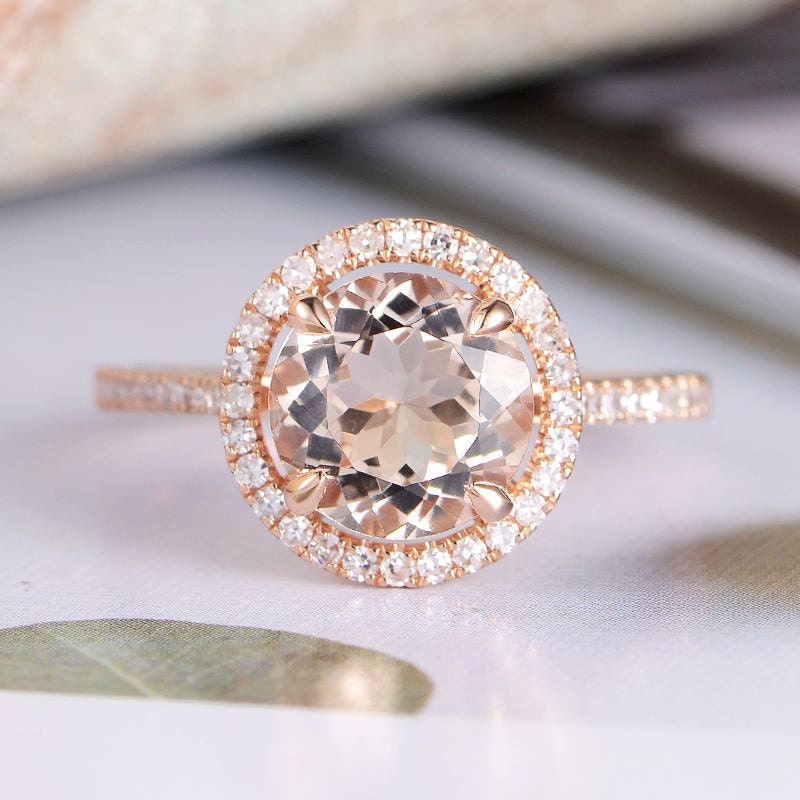 Rose Gold Engagement Ring Round Cut Morganite Ring Women Halo | Etsy