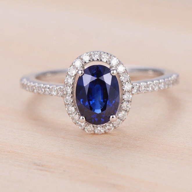 Oval Cut Sapphire Engagement Ring White Gold Diamond Halo Half | Etsy