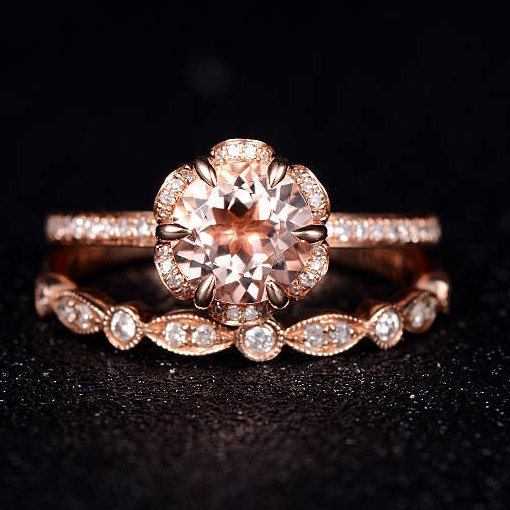 Morganite Engagement Ring Unique Diamond Wedding Floral Shaped | Etsy