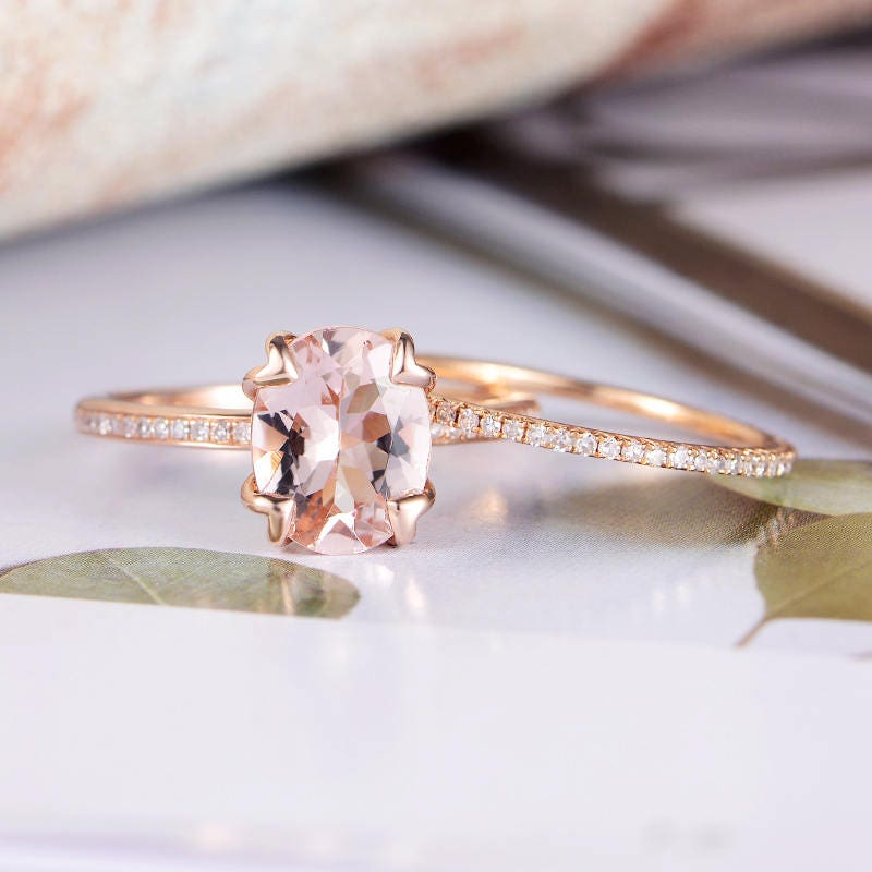 Rose Gold Morganite Engagement Ring Bridal Set Oval Cut | Etsy