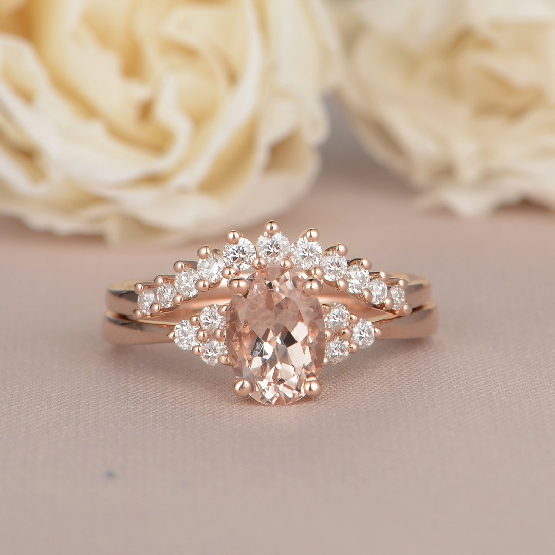 Rose Gold Morganite Engagement Ring Bridal Set Oval Cut Curved - Etsy