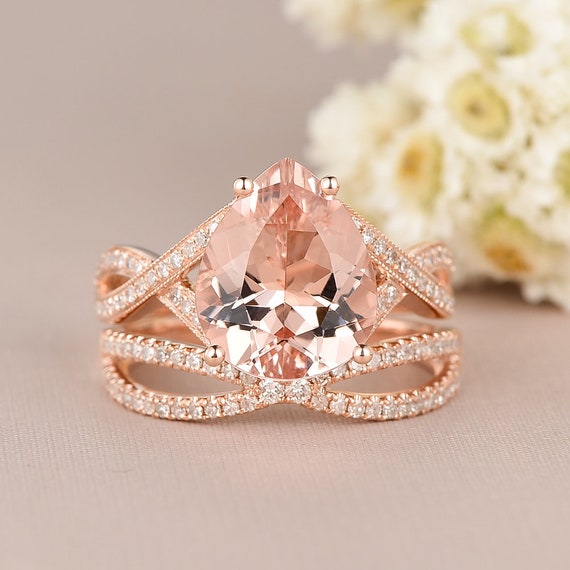 Pear Shaped Morganite Engagement Ring 4ct Rose Gold Bridal Set | Etsy