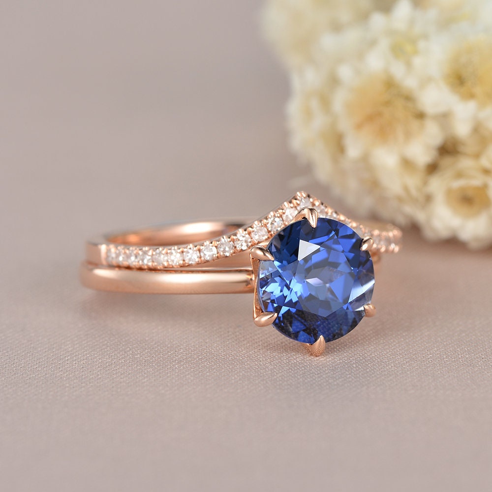 Lab Sapphire Engagement Ring Rose Gold Bridal Set Solitaire | Etsy