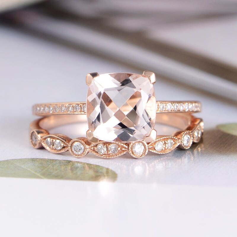 Morganite Engagement Ring Rose Gold Bridal Set Diamond Wedding | Etsy