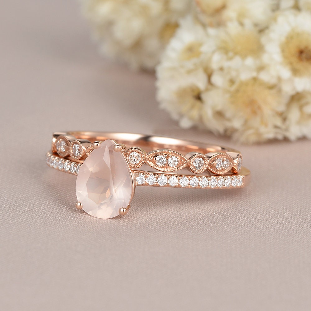 2pcs Rose Quartz Crystal Engagement Ring Pear Shaped Rose Gold | Etsy