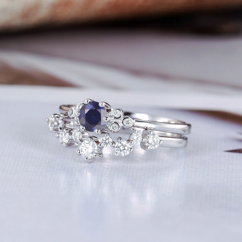 Sapphire Bridal Set White Gold Wedding Ring Set Diamond | Etsy