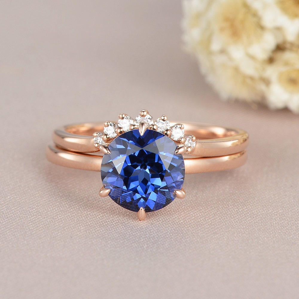 8mm Sapphire Engagement Ring Set Rose Gold Bridal Set | Etsy