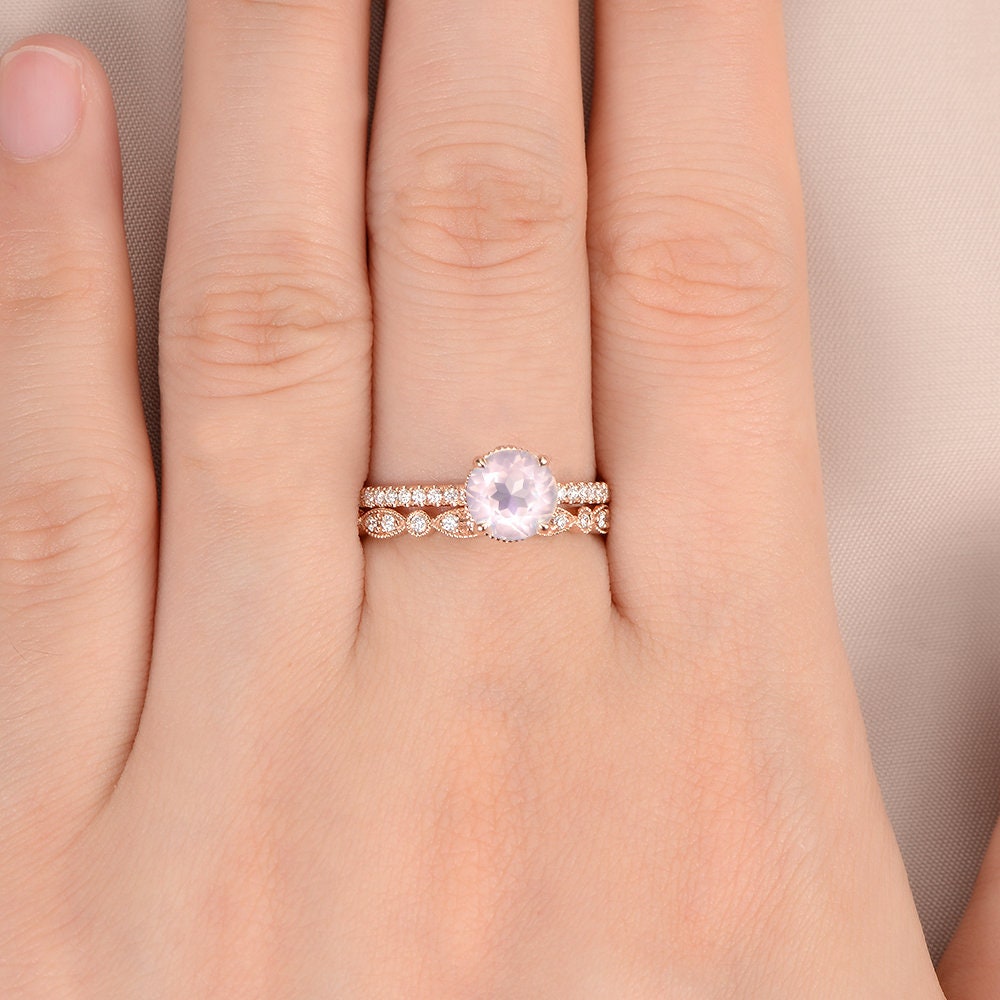 Rose Quartz Crystal Engagement Ring Rose Gold Bridal Set Etsy