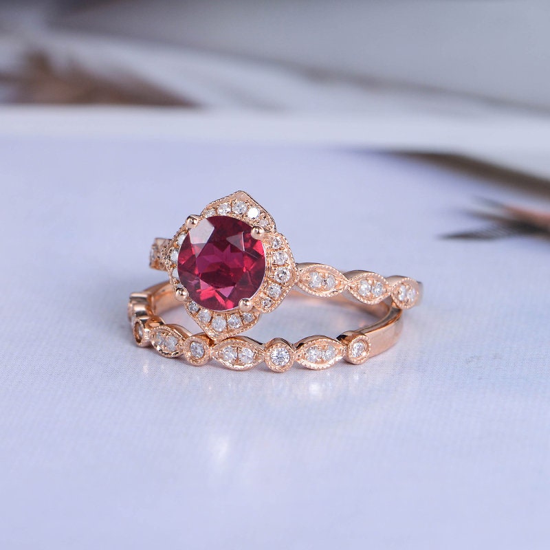 Ruby Engagement Ring Woman Rose Gold Bridal Set Art Deco | Etsy