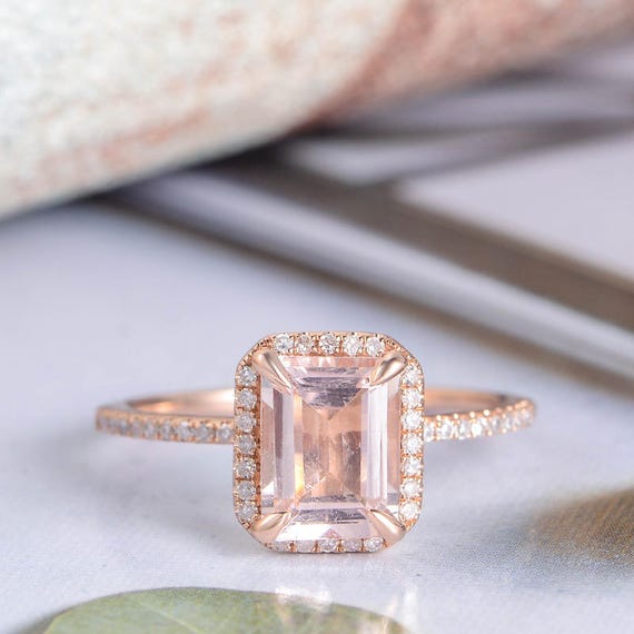 Morganite Ring Emerald Cut Rose Gold Engagement Ring Diamond | Etsy
