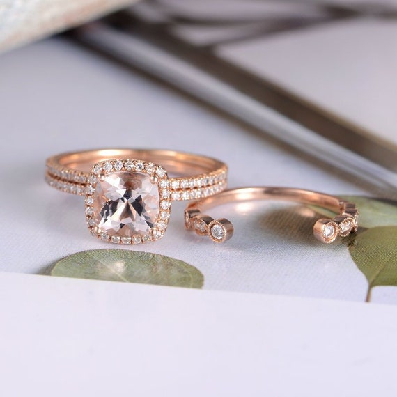 Morganite Engagement Ring Rose Gold Cushion Cut Halo Diamond Etsy