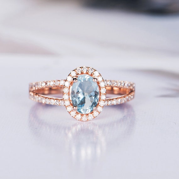 Aquamarine Engagement Ring Rose Gold Oval Cut Art Deco Halo | Etsy