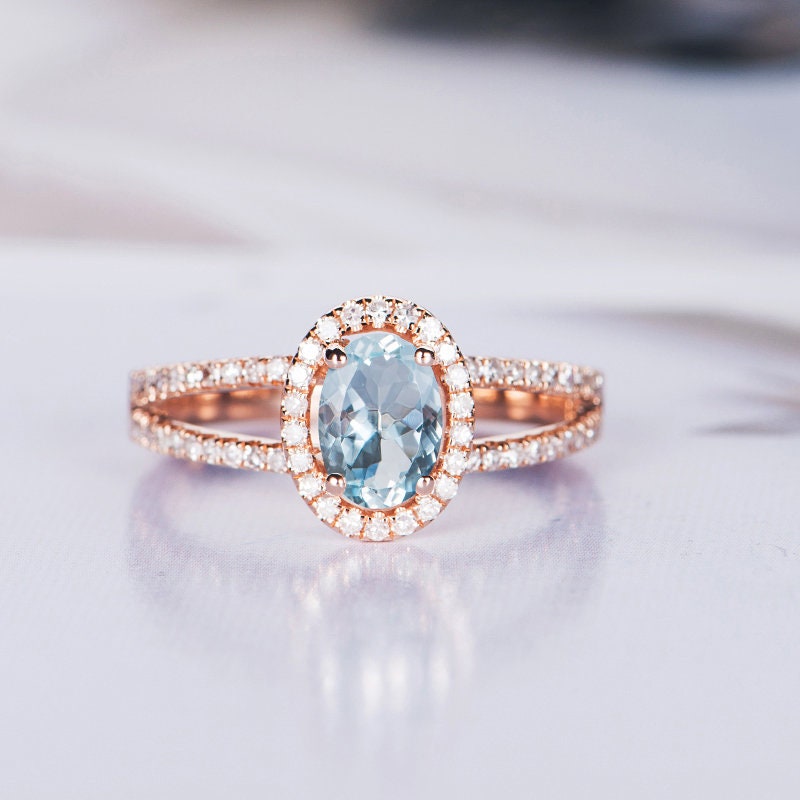 Aquamarine Engagement Ring Rose Gold Oval Cut Wedding Ring | Etsy