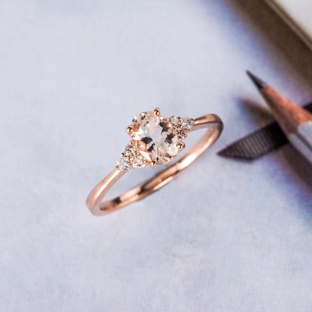 Morganite Engagement Ring Rose Gold Diamond Cluster Ring Oval | Etsy