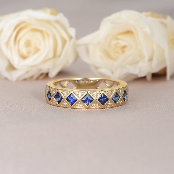 Princess Cut Sapphire Engagement Ring Woman Yellow Gold Etsy