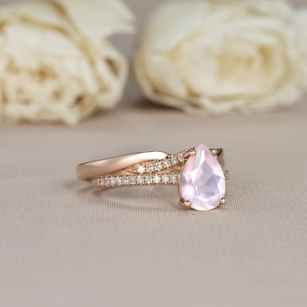 Pear Shaped Rose Quartz Engagement Ring Rose Gold Bridal Set | Etsy