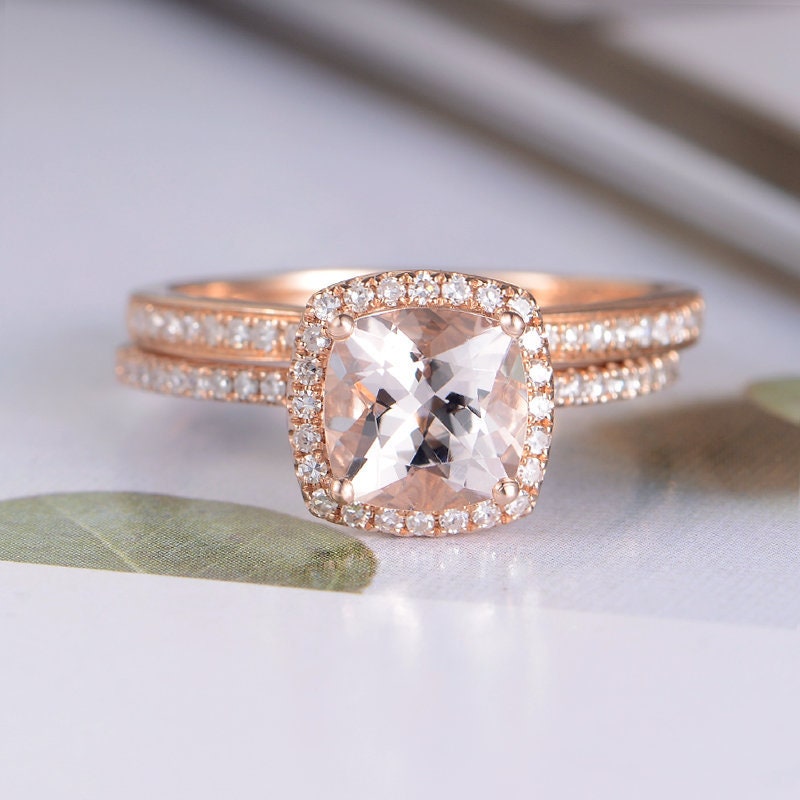 Morganite Engagement Ring Rose Gold Bridal Set Cushion Cut | Etsy