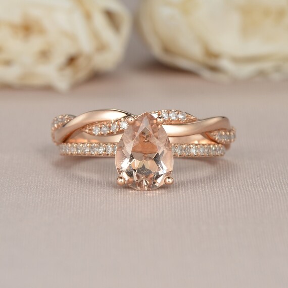 Morganite Engagement Ring Rose Gold Pear Shaped Bridal Set | Etsy