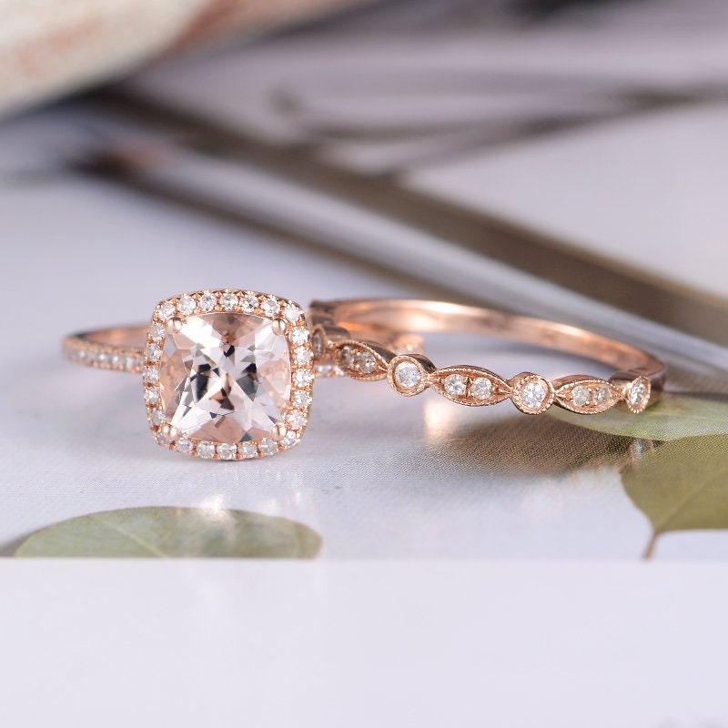 Morganite Engagement Ring Rose Gold Cushion Cut Halo Diamond | Etsy