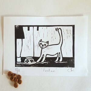 Feed me! hungry cat linocut print, cute, black and white, kitchen art, pet, animal print, kitty illustration