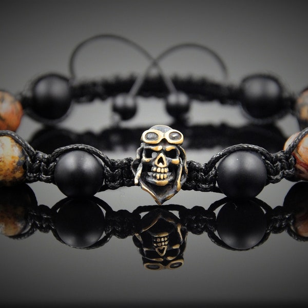 Men's Skull Bracelet Mens Black Beaded Bracelet Mens Shamballa Biker Bracelet Skull Jewelry Protection bracelet Onyx Leopard skin Jasper