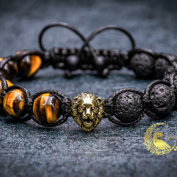 Lion Men's Bracelet Men's Lava Bracelet Leo Bracelet Tiger Eye Bracelet Lion Jewelry Adjustable Bracelet Gift for Him Leo Jewelry Gold Lion