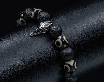 Raven Skull Bracelet Mens Skull Bracelet Bird Skull Black Lava Rock Bracelet Skeleton Celtic Gothic Jewelry Witch Bracelet Medieval jewelry