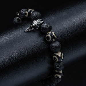 Raven Skull Bracelet Mens Skull Bracelet Bird Skull Black Lava Rock Bracelet Skeleton Celtic Gothic Jewelry Witch Bracelet Medieval jewelry