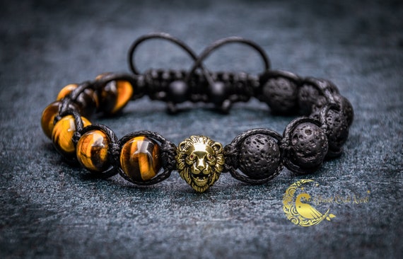 Success Bracelet with 22k Gold Plated Leopard Head, Tiger Eye and Blac