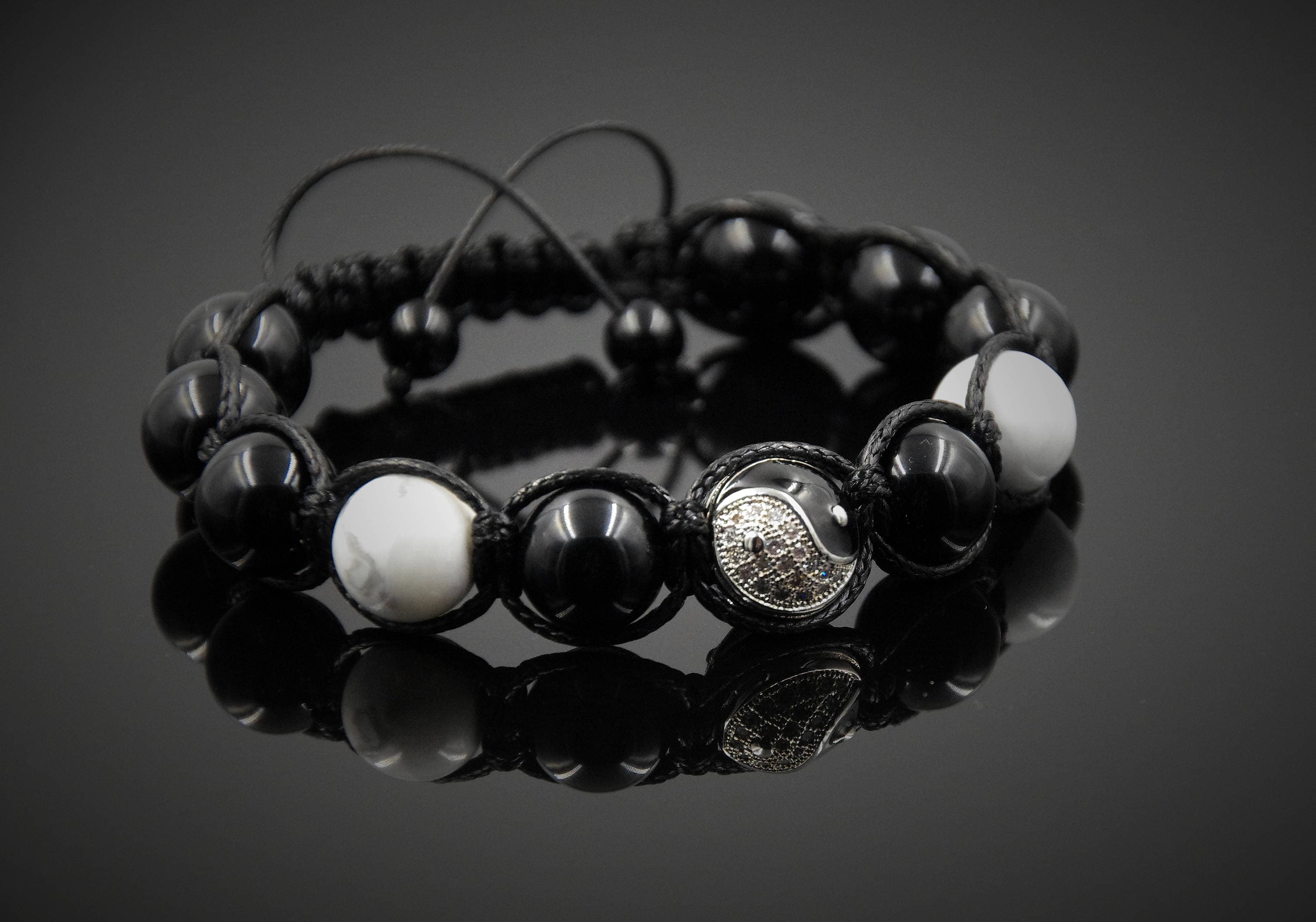 Unisex Black and Beige Leather Bracelet with Ying Yang Bone ID main image 0
