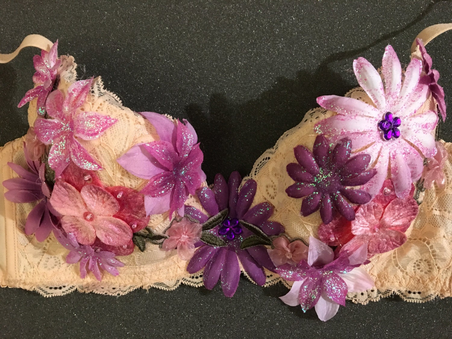 Flower Rave Bra, Belly Dancer Bra, Costume, costumeFlowers may vary