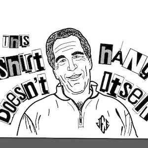 Könnte beinhalten: Schwarz-weiße Zeichnung eines Mannes in einem Oberteil mit Reißverschluss. Der Text im Ausschnittstil lautet: "This Shirt Doesn't Hang Itself."
