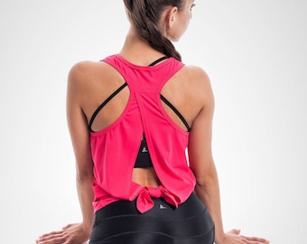 Camiseta de tirantes de yoga con espalda abierta y lazo, ropa deportiva ligera