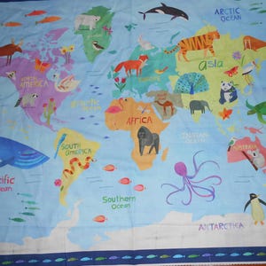 Kontinente Weltkarte  Tiere Meere Miller Baumwolle  Patchworkstoff Panel 95x110 cm