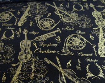 Noten Musik Instrumente music  Timeless  Baumwolle   schwarz gold   50x110 cm