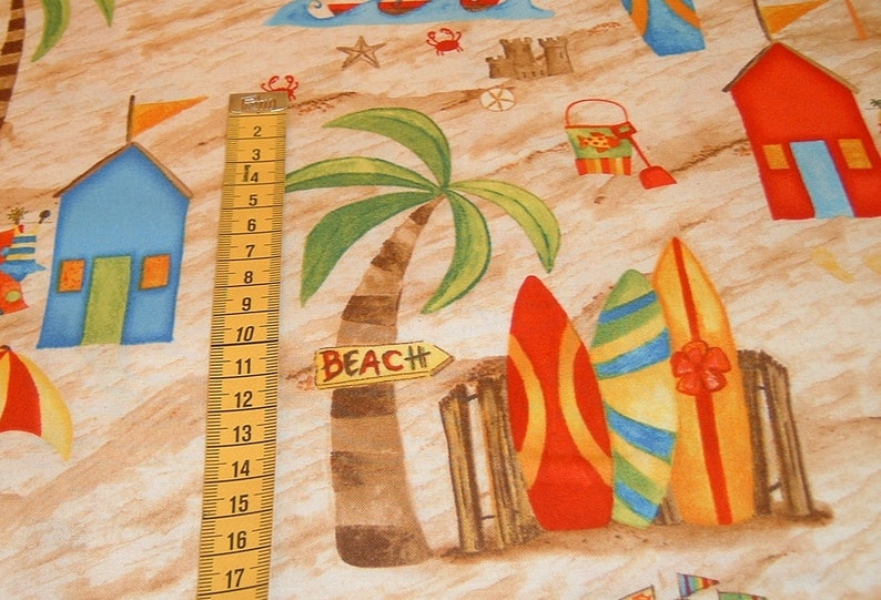 Beach house Surfboard Palm tree Beach shoes Sun Vacation Sea Shore things Cotton patchwork fabric 50 x 110 cm image 3