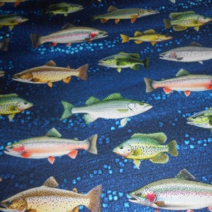 Könnte beinhalten: Ein blauer Stoff mit einem sich wiederholenden Muster aus bunten Fischen. Die Fische sind in verschiedenen Größen und Positionen, einige nach links und andere nach rechts gerichtet. Der Stoff hat ein subtiles gesprenkeltes Muster.