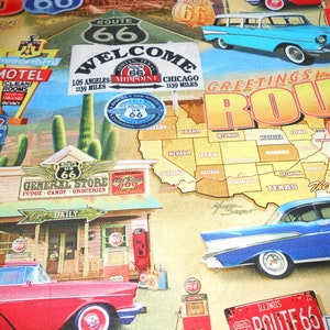 Carte de la Route 66 Voitures anciennes Amérique USA Tissu patchwork en coton coloré intemporel 50 x 110 cm