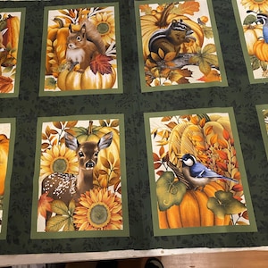 Può includere: Pannello di tessuto con otto immagini rettangolari raffiguranti scene autunnali. Ogni immagine include zucche, girasoli e vari animali come una volpe, uno scoiattolo, un chipmunk, una quaglia, un cervo, un uccello e un coniglio. Lo sfondo è verde scuro con un motivo a foglie.
