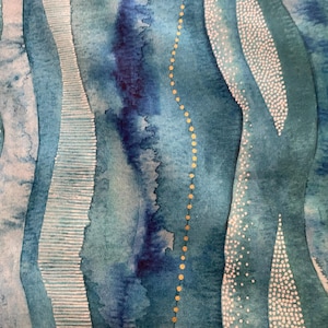 May include: Abstract watercolour painting with blue, white and gold accents. The painting features wavy lines and dots, creating a textured and organic look.