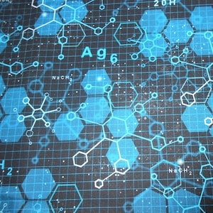 Könnte beinhalten: Abstraktes digitales Muster mit blauen und weißen chemischen Strukturen auf schwarzem Hintergrund. Der Text "Ag6" ist in der Mitte des Bildes sichtbar.