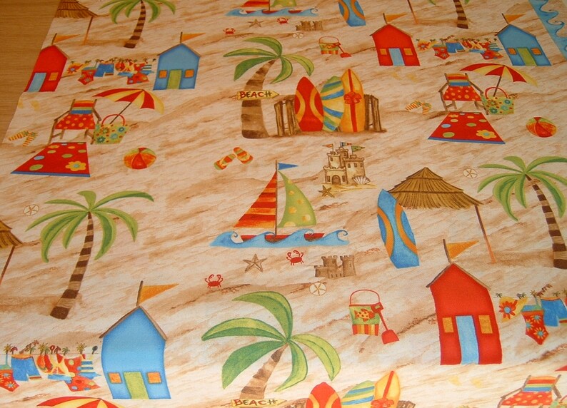 Beach house Surfboard Palm tree Beach shoes Sun Vacation Sea Shore things Cotton patchwork fabric 50 x 110 cm image 6