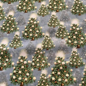 May include: A repeating pattern of decorated Christmas trees on a light blue background. The trees are green with gold garland, red baubles, and white lights. The background has a snowy effect.